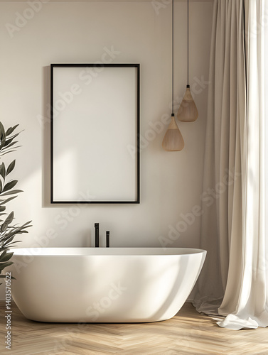 bathroom with a modern bathtub framed blank poster