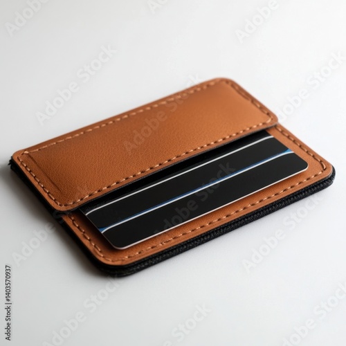 Minimalist tan leather cardholder with open slot showing black card, flat modern design on white

