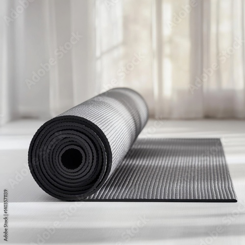 Rolled black and gray yoga mat in peaceful indoor space with soft morning light from window

