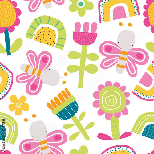 Vector seamless pattern with cute abstract butterflies, colors and rainbows. Children's summer, spring colorful print. Insects. Creative kids texture for fabric, wrapping, textile, wallpaper.