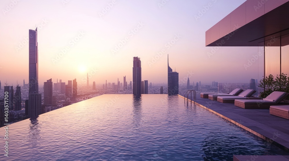 Fototapeta premium Stunning Rooftop Infinity Pool at Sunset Over City Skyline View