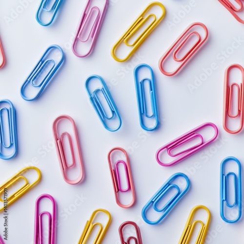 Bright multi-colored paper clips scattered playfully across clean light background in top view style

