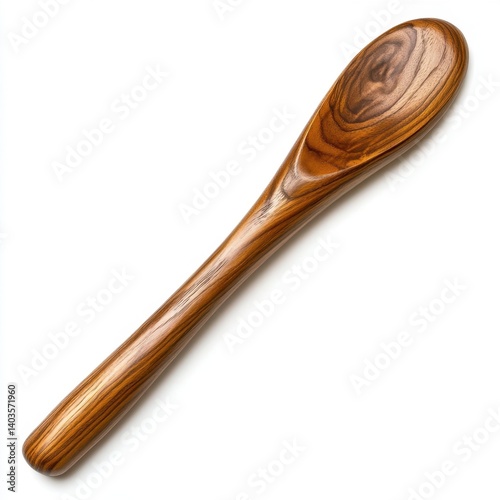 Beautiful handcrafted wooden spoon with polished grain texture on isolated white background

