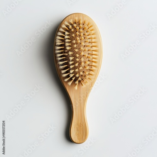 Natural wooden hairbrush with light bristles placed flat on a clean white background
