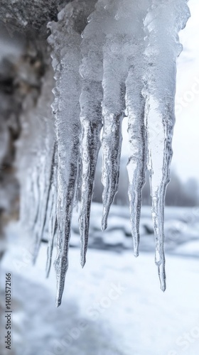 Close-up of sharp icicles with frosty texture hanging above snowy winter background
