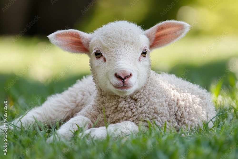 Obraz premium Fluffy lamb in grassy field