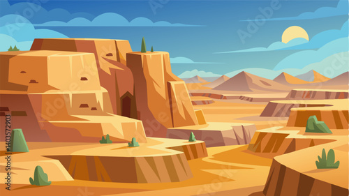 Sunbleached sandstone cliffs line the edges of the desert plateau their smooth surfaces dotted with intricate petroglyphs left by ancient civilizations. A small oasis shimmers in