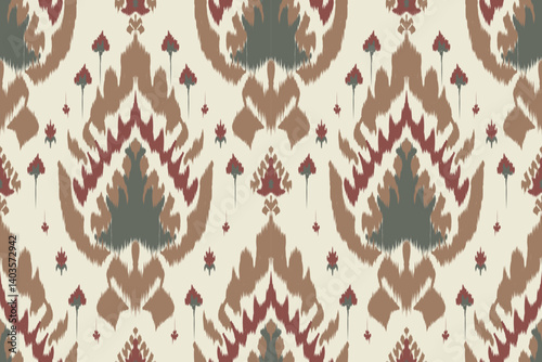 Seamless ikat floral pattern with traditional ethnic motifs in earthy green, burgundy, and tan tones, ideal for textile design, wallpaper, fashion fabric, and interior decor.