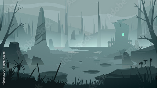 Mysterious structures likely remnants of a bygone time can be seen peeking through the dense fog hinting at a lost history within the misty swamp.