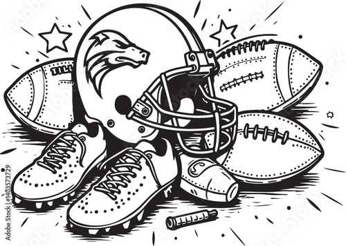 American Football Gear Illustration with Stars

Monochrome Football Helmet, Shoes, and Equipment

Grunge Style American Football Vector Art