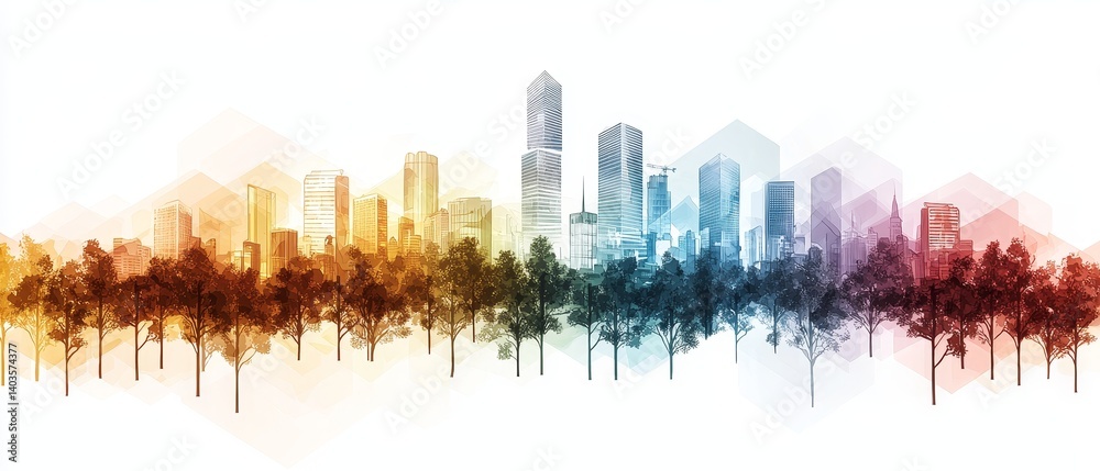 Fototapeta premium Business growth symbolism in urban landscape city skyline digital artwork vibrant colors aerial view conceptual representation