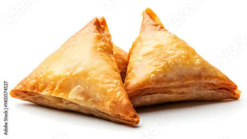 Three triangular pastries with a golden crust. The pastries are arranged in a row on a white background