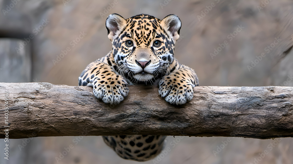 Obraz premium Adorable Jaguar Cub Hanging on a Log