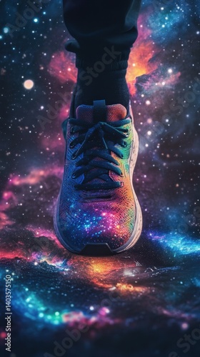 Close-up of glowing sneaker in space with colorful galaxy textures and stardust cosmic ambiance