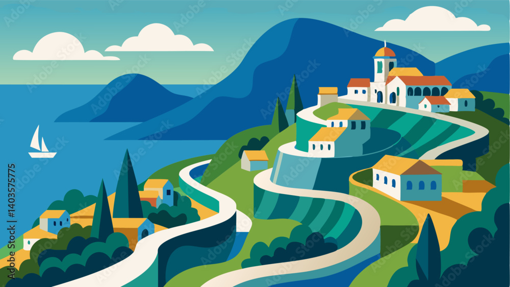 Naklejka premium The winding roads of the Mediterranean hills lead to hidden villages perched a the verdant landscapes and overlooking the ocean.