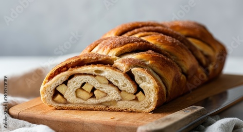 Freshly baked cinnamon apple braided bread on wooden board