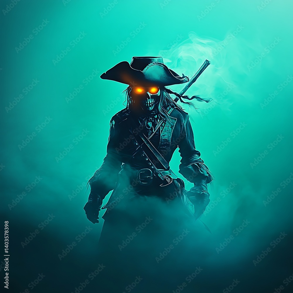 Obraz premium Ghostly pirate with glowing eyes emerging from mist