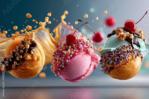 Colorful Ice Cream Scoops with Exploding Toppings and Milk Splashes—A Playful, Refreshing Summer Dessert Delight