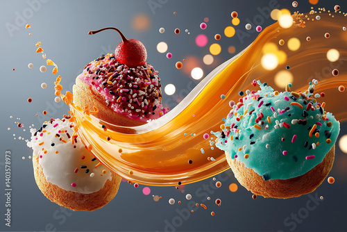 Colorful Ice Cream Scoops with Exploding Toppings and Milk Splashes—A Playful, Refreshing Summer Dessert Delight