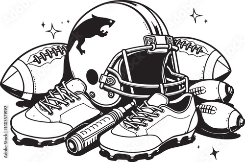 American Football Gear Illustration with Stars

Monochrome Football Helmet, Shoes, and Equipment

Grunge Style American Football Vector Art