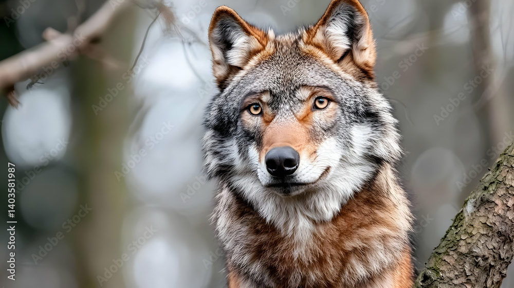 Fototapeta premium Red And Grey Wolf Portrait In Forest