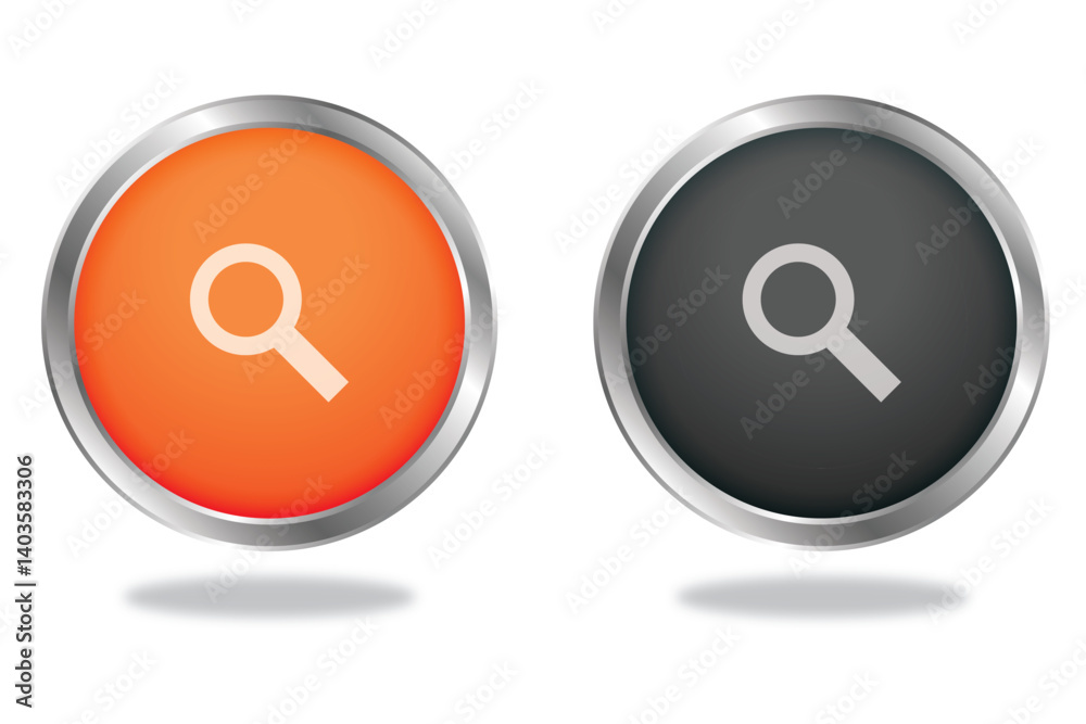 Glossy search button icons in orange and black with magnifying glass symbol for UI, apps, or web navigation design. Glossy search button icons in orange and black with magnifying glass symbol for UI, apps, or web navigation design.