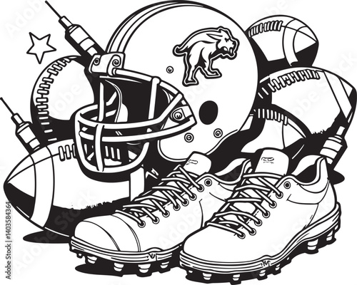 American Football Gear Illustration with Stars

Monochrome Football Helmet, Shoes, and Equipment

Grunge Style American Football Vector Art