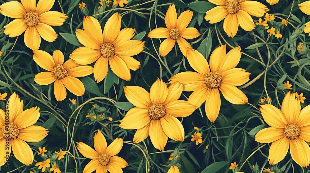 Romantic Coreopsis botanical seamless pattern with vibrant yellow blooms intertwined with greenery ideal for fabric designs and wallpaper Romantic Coreopsis botanical seamless pattern with vibrant yellow blooms intertwined with greenery ideal for fabric designs and wallpaper