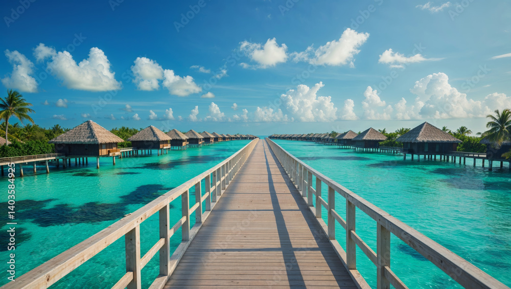 Naklejka premium Stunning overwater bungalows and a long wooden pier in the turquoise waters of the Maldives.