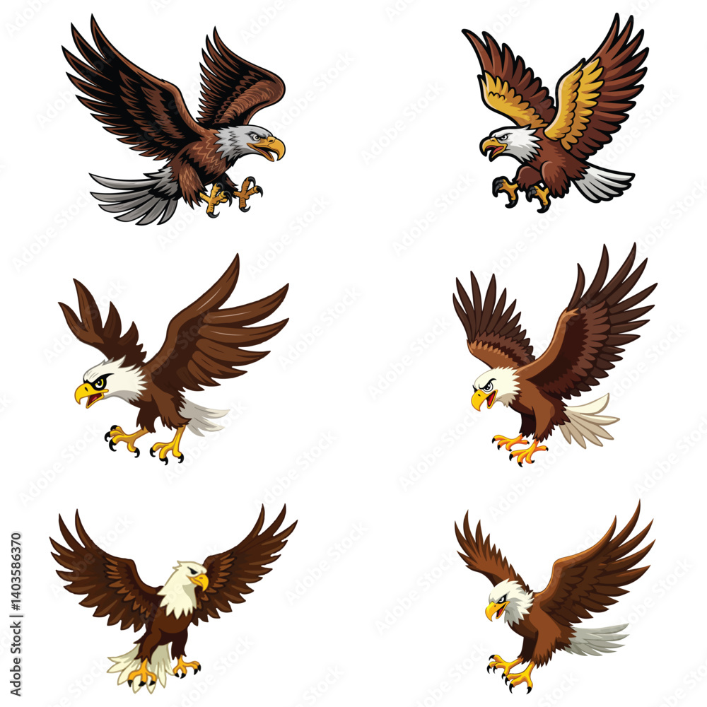 Fototapeta premium Eagles. Bird king set. 6 eagles. An attacking eagle flying in the sky with a large wingspan.