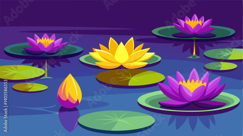 Small patches of vibrant purple and yellow water lilies dot the surface of the calm reflective water adding a pop of color to the tranquil scene.