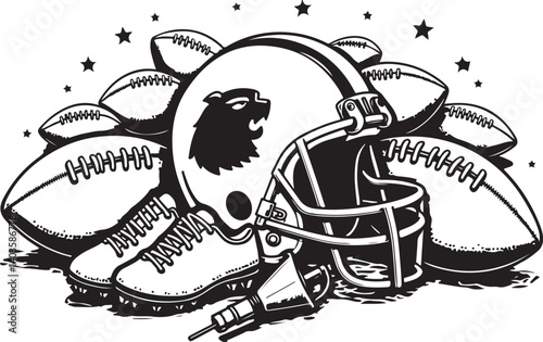 American Football Gear Illustration with Stars

Monochrome Football Helmet, Shoes, and Equipment

Grunge Style American Football Vector Art