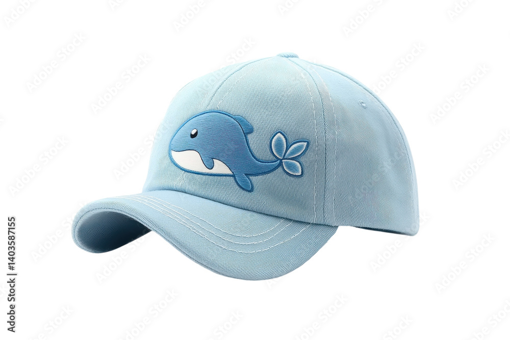 Fototapeta premium Adorable baby blue whale cap for kids soft cotton fabric embroidered whale design perfect summer