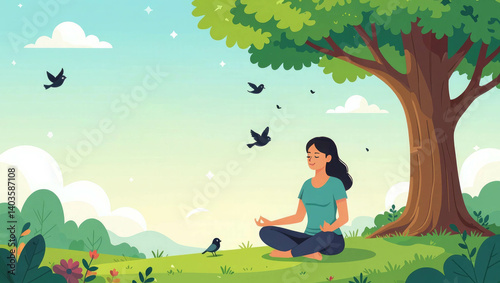 Flat vector illustration of a girl meditating under a tree with birds and clouds, Yoga day concept, yoga in the mountains