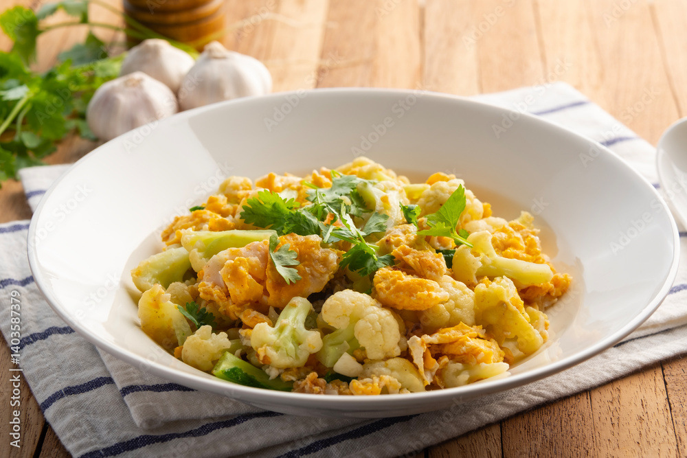 Stir fried Cauliflower with eggs in a plate.Healthy low carb diet. Stir fried Cauliflower with eggs in a plate.Healthy low carb diet.
