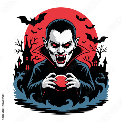 Terrifying Vampire Illustration with Red Eyes and Gothic Castle Background