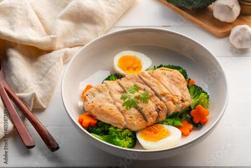Canvas Print Healthy Diet High Protein Low Fat,Grilled Chicken breast with boiled egg and broccoli in white plate