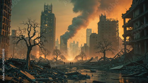 A desolate urban landscape is filled with rubble and smoke after a devastating disaster.