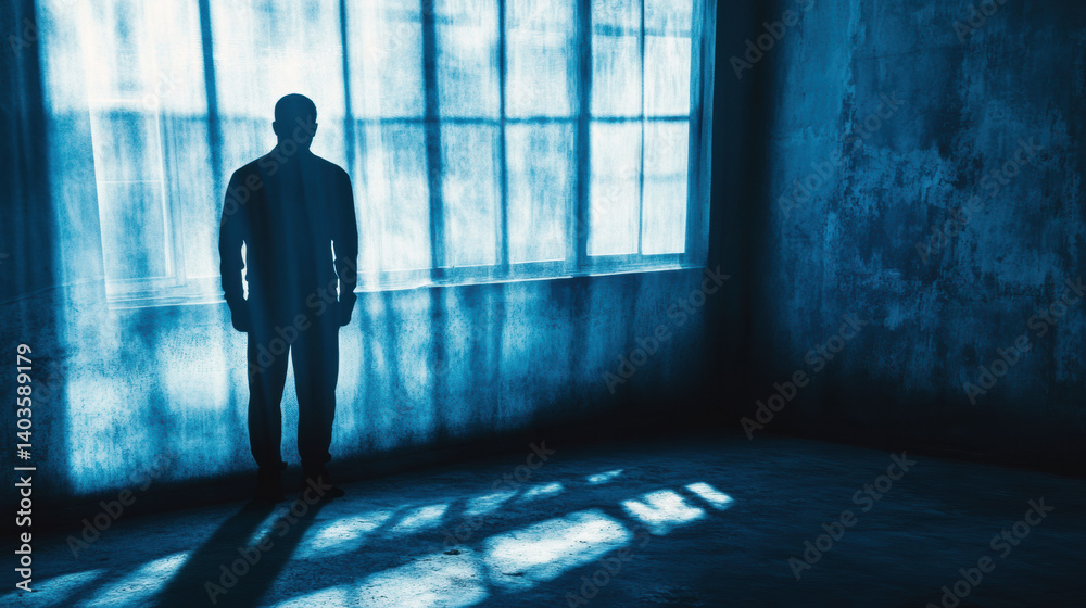 Fototapeta premium Mysterious Silhouette in a Dark Room with Ethereal Blue Lighting
