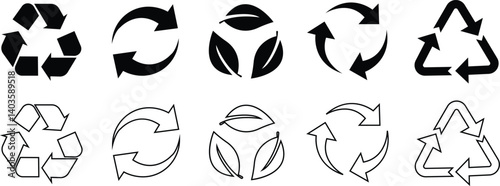 Recycle symbols. Recycling arrow icon set. Reusing symbols. Recycling label collection. Recycle badge. Recycling icons. Recycle, reuse and reduce icons.