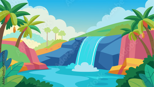 The crystal clear waters of a tropical waterfall trickling over smooth rocks and reflecting the vibrant rainbow of surrounding plants.