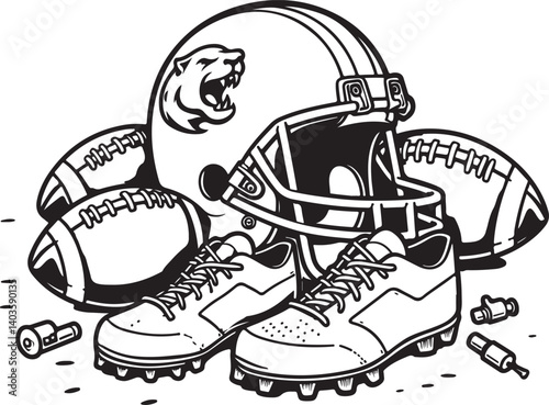 American Football Gear Illustration with Stars

Monochrome Football Helmet, Shoes, and Equipment

Grunge Style American Football Vector Art