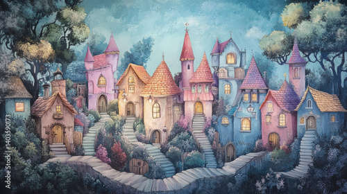 Enchanted Village Scene with Colorful Houses and Magical Atmosphere