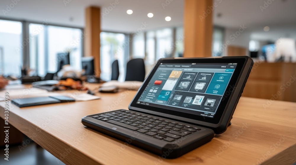 Tablet with Keyboard on Wooden Table in Office