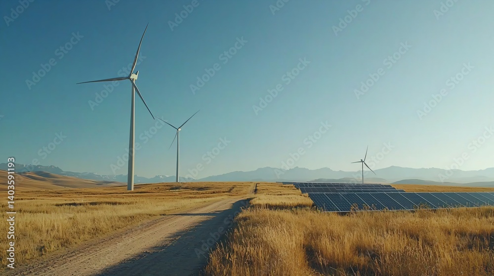 Obraz premium Solar panels and wind turbines in a field, symbolizing clean energy and sustainability.