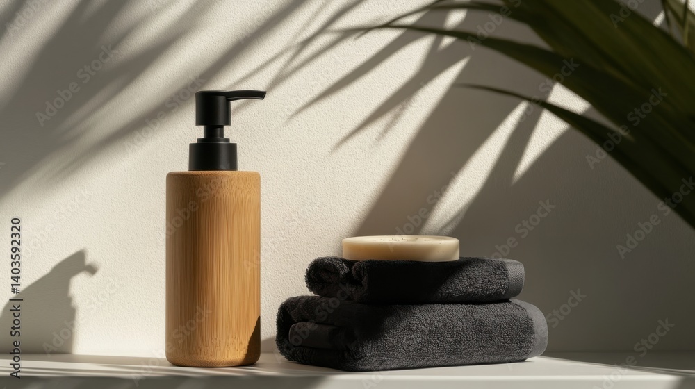 Elegant Soap Dispenser and Spa Towels on a Crisp White Background for Luxurious Spa Experience Elegant Soap Dispenser and Spa Towels on a Crisp White Background for Luxurious Spa Experience