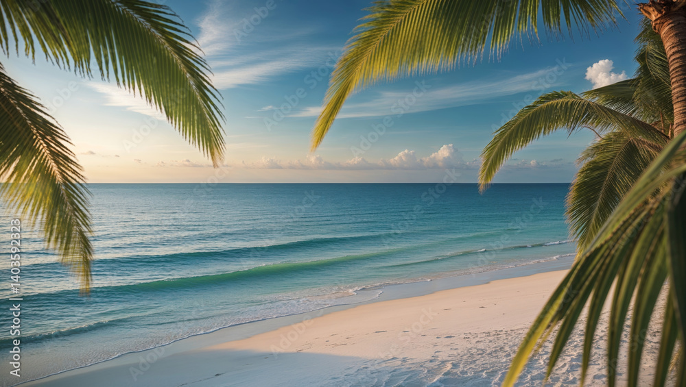 Fototapeta premium Beautiful tropical beach scene with palm trees, white sand, and clear blue ocean water.