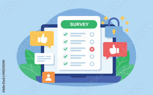 Online Survey Digital Questionnaire on Laptop Screen with Checkboxes Thumbs Up and Down Icons for Feedback and Data Collection in Flat Design Vector Illustration