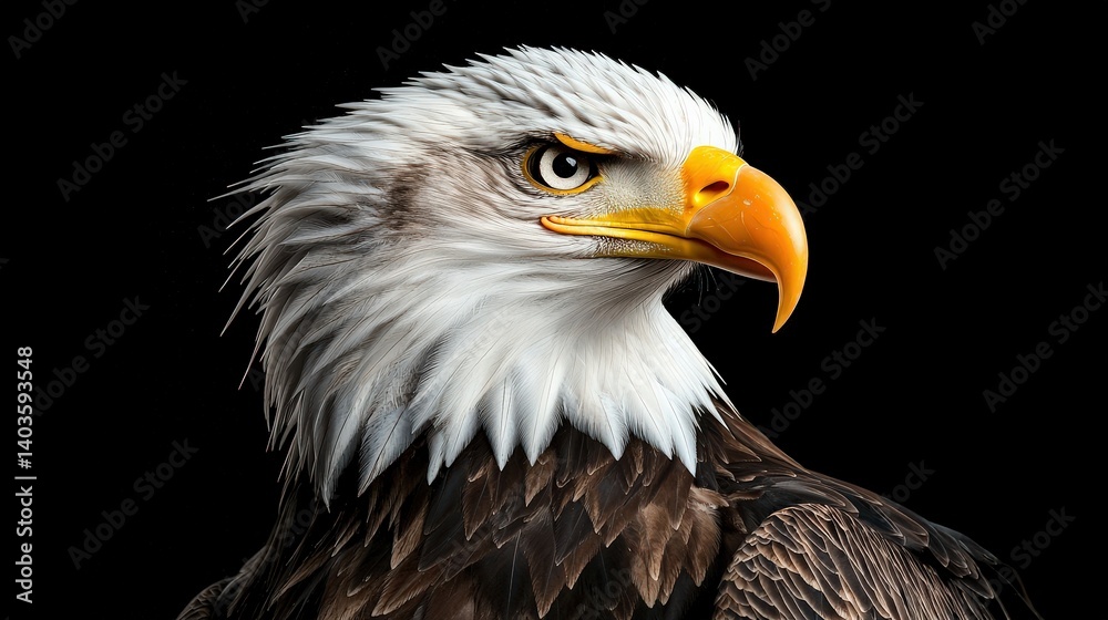 A striking close-up of a majestic eagle, showcasing its sharp features, powerful beak, and piercing gaze against a dark background. A striking close-up of a majestic eagle, showcasing its sharp features, powerful beak, and piercing gaze against a dark background.