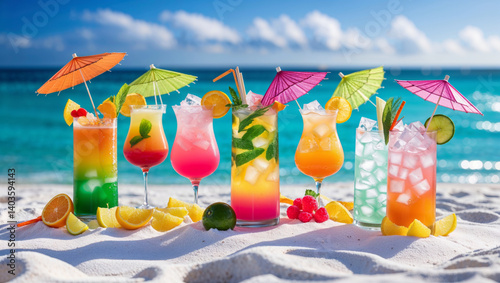 A row of refreshing cocktails on a sunny beach with umbrellas and fresh fruit.